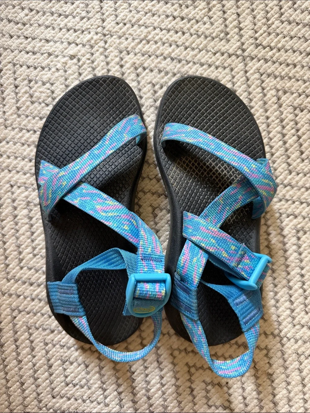 Chaco Kids Sandals — Blue Multicolor Webbing with Black Footbed
